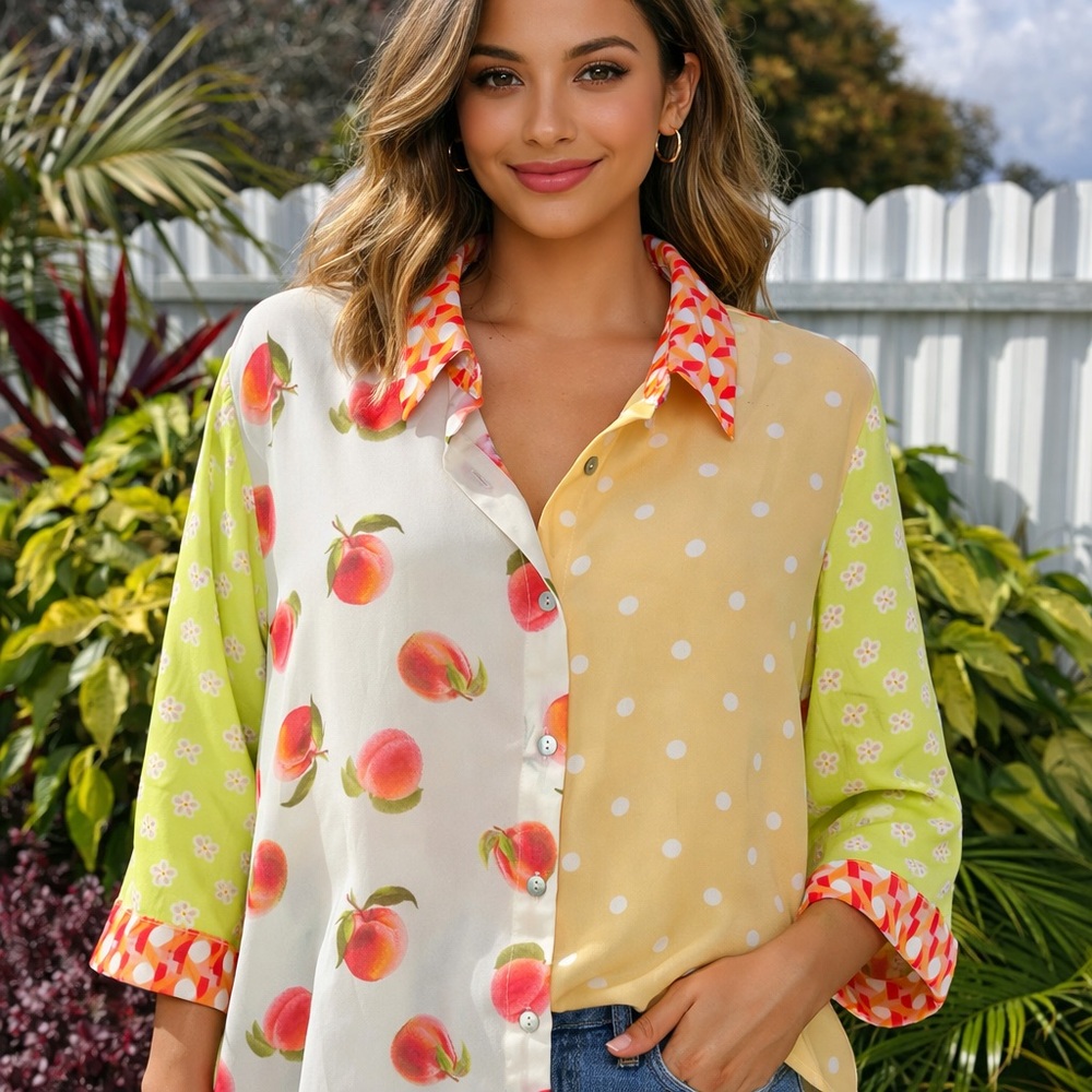 Rose & Olive Peach Print Colorblock Button-Down in Yellow, Green & Cream